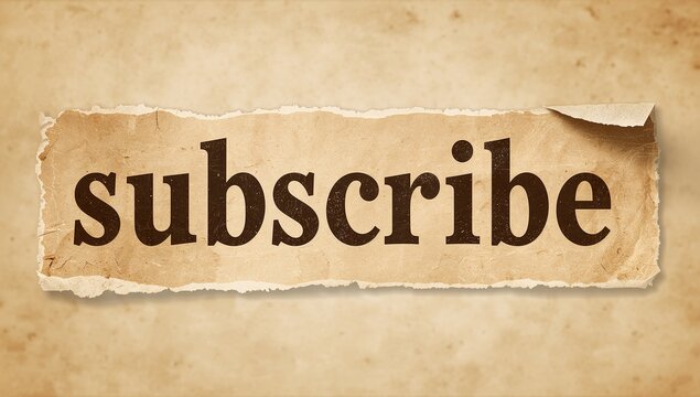 Displaying torn paper strip lying horizontal on parchment backdrop, showing bold subscribe text
