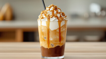 Caramel iced coffee with whipped cream, crunchy crumble and sweet drizzle, cozy dessert vibe