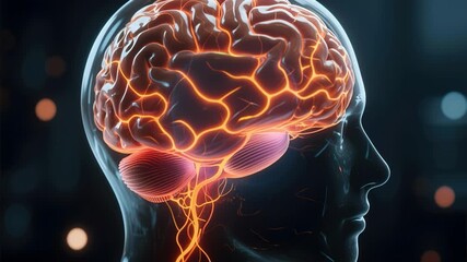 A brain neuroscience neural network cognition human head anatomy biology medical science intelligence, glowing neuron synapse pathways and cerebellum illuminated, vivid cerebral map head silhouette - Powered by Adobe