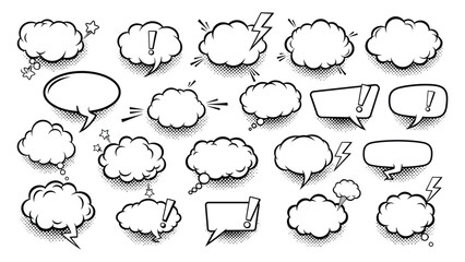 Hand drawn collection of diverse comic book speech bubbles and thought clouds