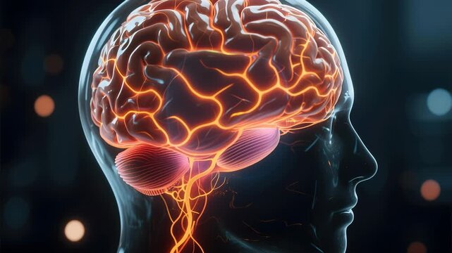 A brain neuroscience neural network cognition human head anatomy biology medical science intelligence, glowing neuron synapse pathways and cerebellum illuminated, vivid cerebral map head silhouette