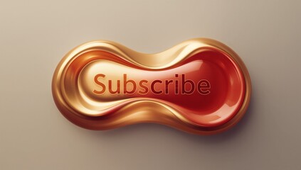 Showing glossy pill button resting on beige gradient surface with embossed Subscribe and gold rim