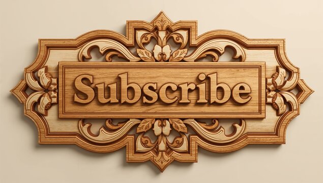 Displaying ornate wooden carved plaque hanging on beige wall, showing raised Subscribe text