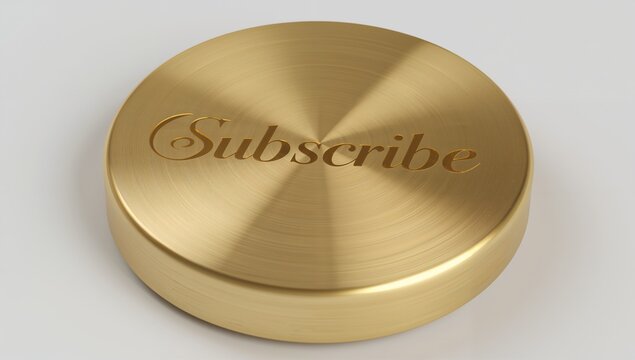 Resting gold token displaying engraved Subscribe on light-gray tabletop, radial brushed finish