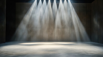 Empty concrete stage lit by dramatic spotlight beams, moody theatrical atmosphere