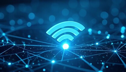 Digital Wi-Fi signal icon on a futuristic blue abstract network background symbolizing wireless internet connection data transfer and global communication technology. - Powered by Adobe