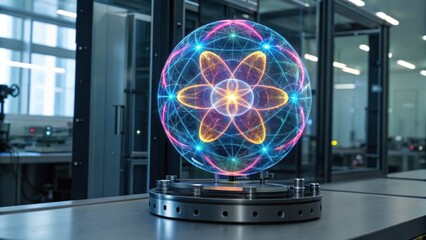 A glowing, holographic sphere displays intricate patterns, symbolizing scientific concepts in a modern laboratory setting.