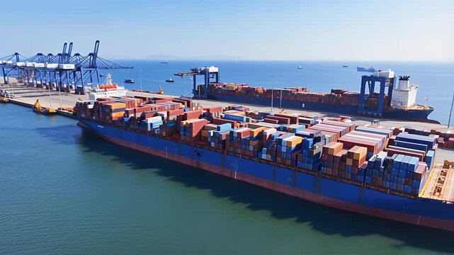 Large container ships at busy cargo port loading and unloading cargo containers