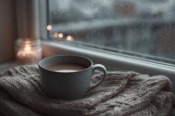 brown blanket and a cup of coffee near the window with copy space