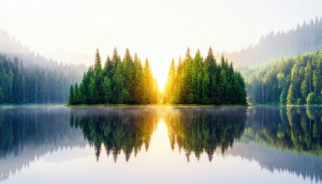 A tranquil lake mirrors a dense pine forest island bathed in the warm glow of sunrise, creating a symmetrical and peaceful natural landscape.