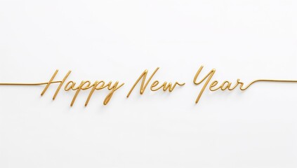 Showing gold wire forming Happy New Year on white backdrop with thin lines and soft shadows