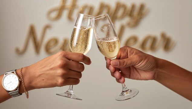Clinking two hands holding champagne flutes with bubbly, silver watch chain, Happy New Year banner