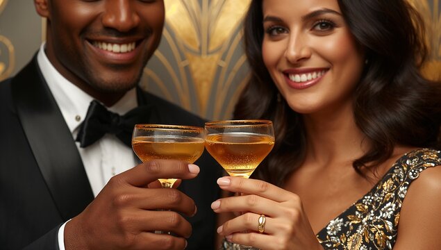 Clinking adult couple in tuxedo and sequined dress celebrating at formal venue, champagne coupes