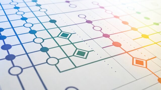 A colorful, abstract design featuring interconnected lines and shapes on a light background, suggesting a digital or technological theme.