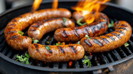 Fototapeta premium Grilled sausage sizzling on charcoal grill with flame and fresh herb aroma