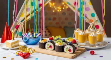 Japaneese cheesecake A delightful birthday party spread featuring sushi rolls adorned with fresh fruit, mini mango desserts, and a slice of cake with a lit candle.