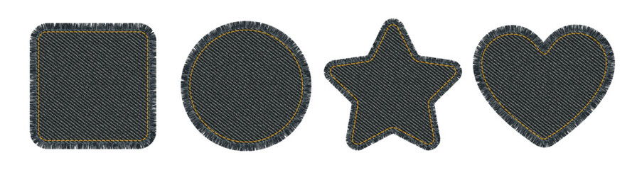 Denim patches collection with heart and star shapes. Black fabric pieces with jean texture, stitching details and torn edges.