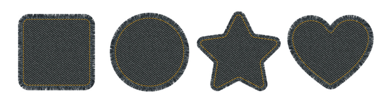 Denim patches collection with heart and star shapes. Black fabric pieces with jean texture, stitching details and torn edges.