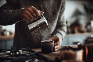 Close-up of hands preparing coffee in kitchen at home
