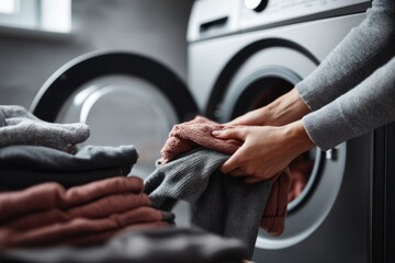 Close-up of hands putting clothes in washing machine with copy space