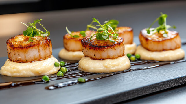 Seared scallop on cauliflower puree with microgreens and pea garnish, elegant plating