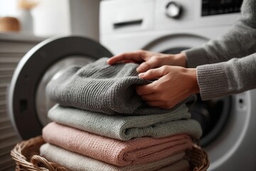 hands putting clothes in washing machine