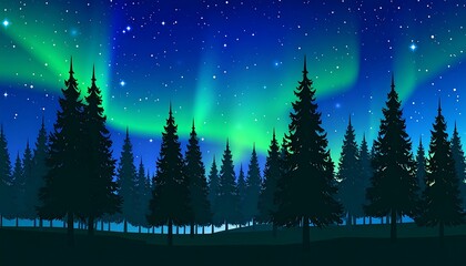 A forest silhouette is framed by a glowing green aurora borealis and a twinkling star filled night sky