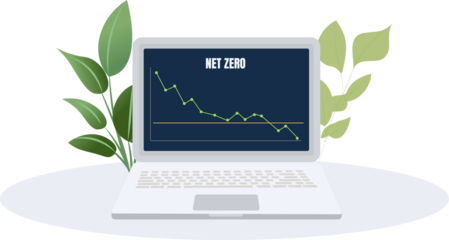 Net zero carbon chart on laptop screen with green leaves