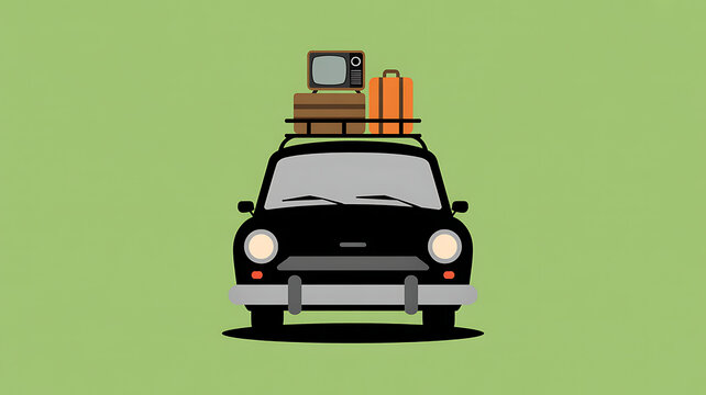 Stylized illustration of a compact car packed with luggage and a retro television on its roof rack, ready for a travel adventure