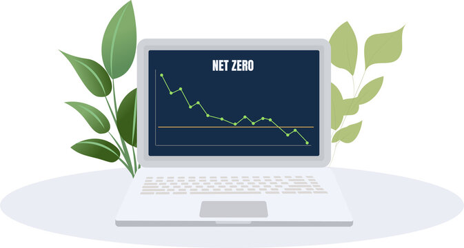 Net zero carbon chart on laptop screen with green leaves