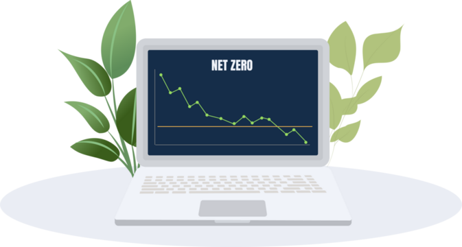 Net zero carbon chart on laptop screen with green leaves