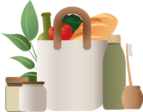 Reusable shopping bag with organic groceries and eco-friendly products