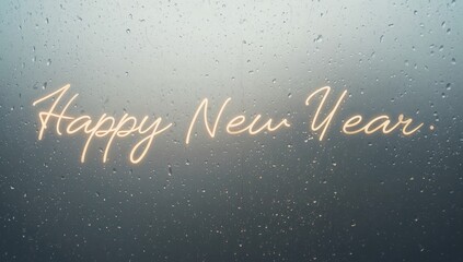 Shimmering neon Happy New Year glowing on glass pane at rainy night with raindrops, bokeh lights