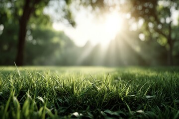 Green grass background with sunlight in park