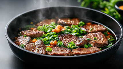 Steamed beef slices in broth with green onion and sesame