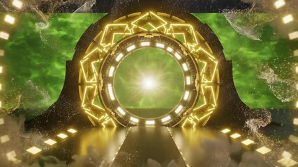 Yellow magical geometric circle neon portal shrouded. Round glowing frame. Futuristic teleporter. Light effect. Bright lights illuminate a night scene. Runway light effect on light green - Powered by Adobe