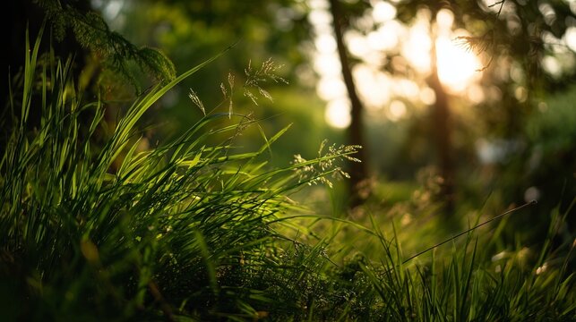 In a serene forest, tall green grass sways gently as the sunlight filters through the trees. This tranquil scene captures the essence of nature, with grass glistening in the warm l