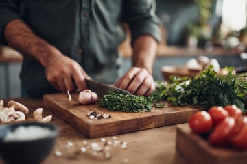 Man cutting fresh herb on wooden board
