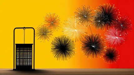 A black silhouette of a lantern stands on a wooden surface against a vibrant yellow and red gradient background, with a burst of colorful fireworks illuminating
