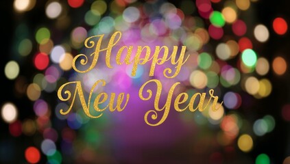 Shimmering gold-glitter cursive Happy New Year script floating on dark backdrop, colorful bokeh