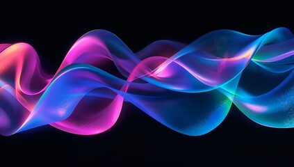 Flowing translucent ribbon waves moving across dark void, showing vivid color gradients and specks