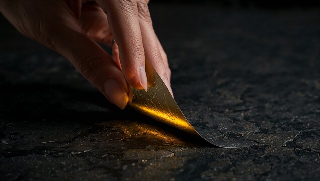 Peeling adult hand lifting corner of thin black sheet on cracked matte surface, revealing gold foil - Powered by Adobe