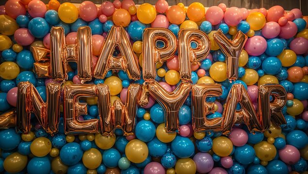 Showing rose-gold foil letters spelling HAPPY NEW YEAR at event backdrop with colorful balloons - Powered by Adobe