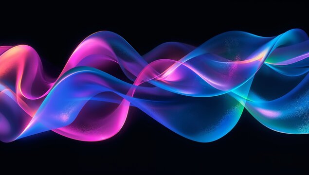 Flowing translucent ribbon waves moving across dark void, showing vivid color gradients and specks