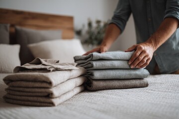 close up of person folding clean laundry on bed with copy space