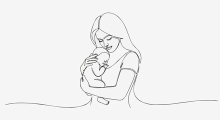 Continuous line art drawing of a mother embracing her newborn baby with love and tenderness.