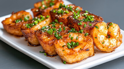 Crispy shrimp toast golden sesame crust savory dipping sauce garnished with chive