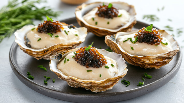 Creamy oysters half shell topped with black and golden caviar and chive garnish, elegant plating - Powered by Adobe