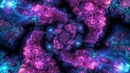 Spiraling central vortex coiling magenta and violet ribbons in cosmic void with glowing nodes