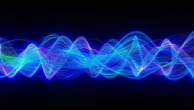 Flowing interwoven luminous waveforms streaming across black void, with blue cyan violet highlights